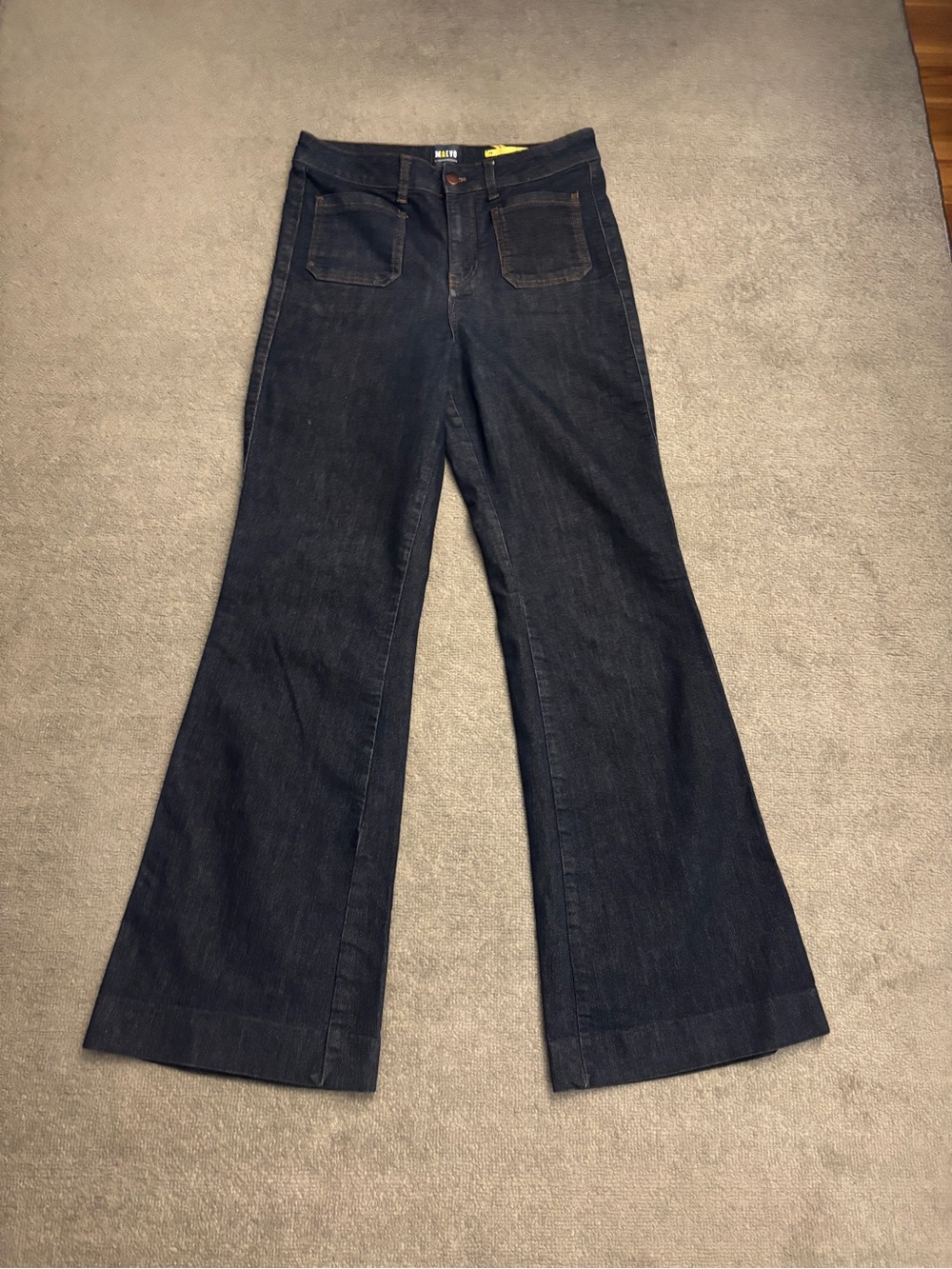 Anthropologie Maeve Colette Flared Jeans Dark Rinse Wash Front Patch Pockets